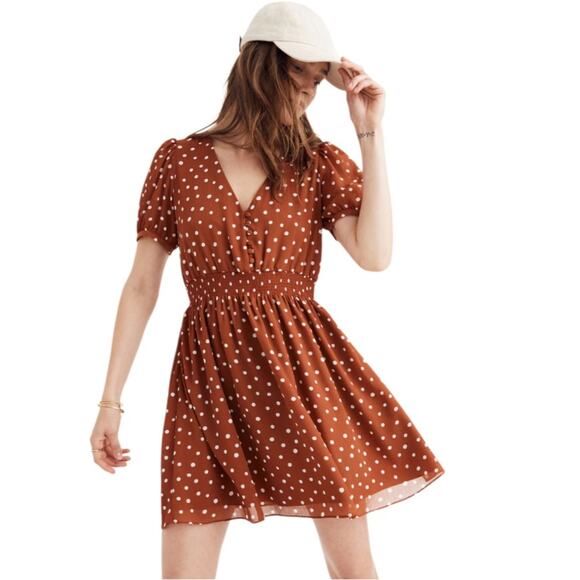 Madewell Smocked-Waist Mini Dress in Inkspot Dots Burnt Clay color Size XL - Picture 1 of 10